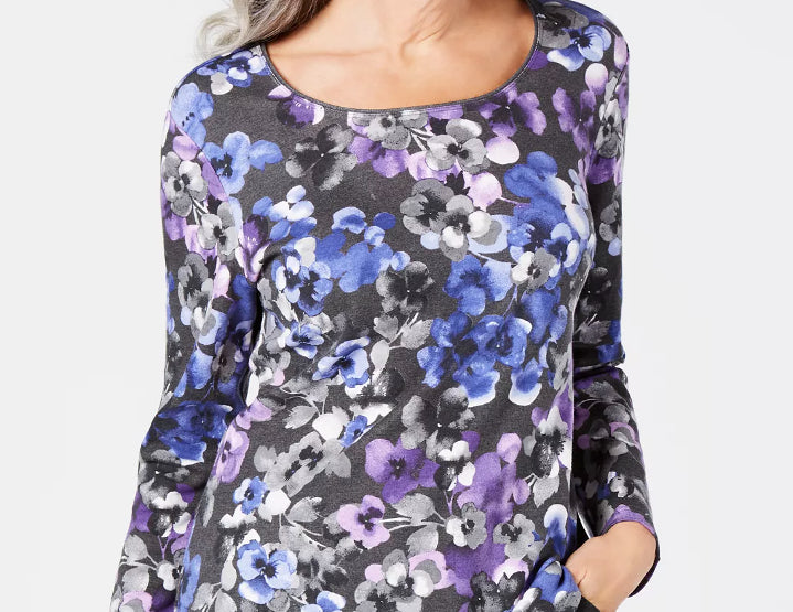 Karen Scott Blusa feminina pequena estampada com manga 3/4 roxa tamanho pequeno extragrande