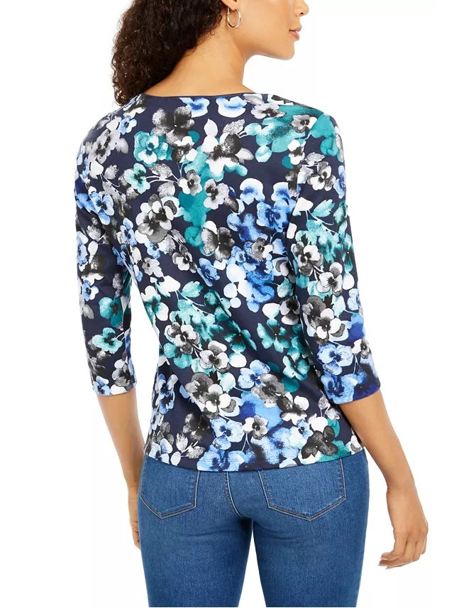 Karen Scott Blusa feminina pequena estampada com manga 3/4, azul, tamanho P/S, pequena