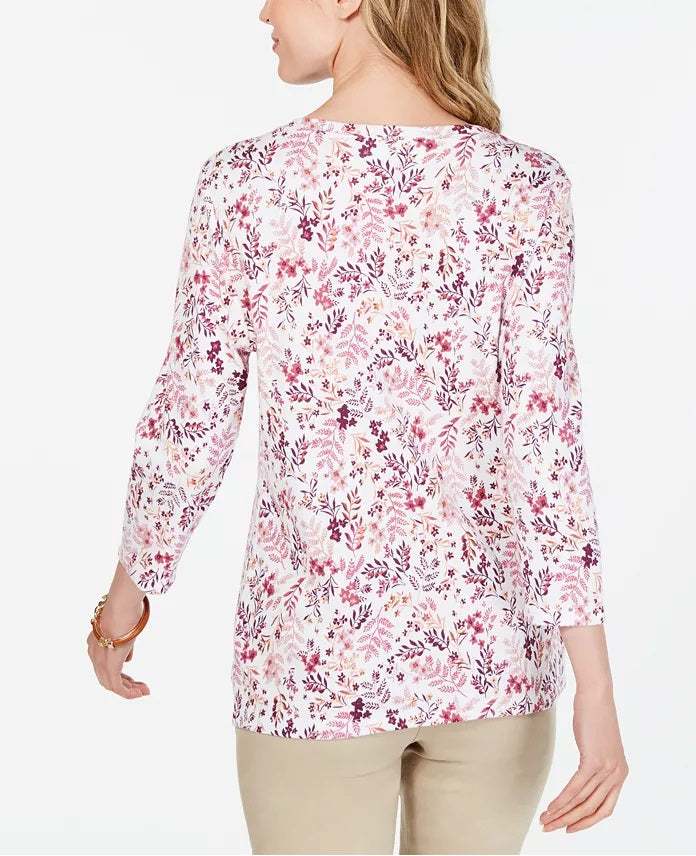 Karen Scott Top Henley Feminino Petite com Estampa Floral Branco Tamanho Petit