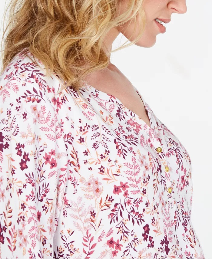 Karen Scott Top Henley Feminino Petite com Estampa Floral Branco Tamanho Petit