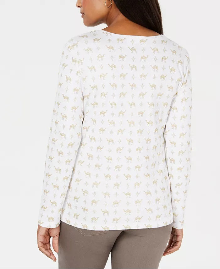 Blusa feminina Karen Scott com estampa de camelo, branca, tamanho pequeno, extra grande