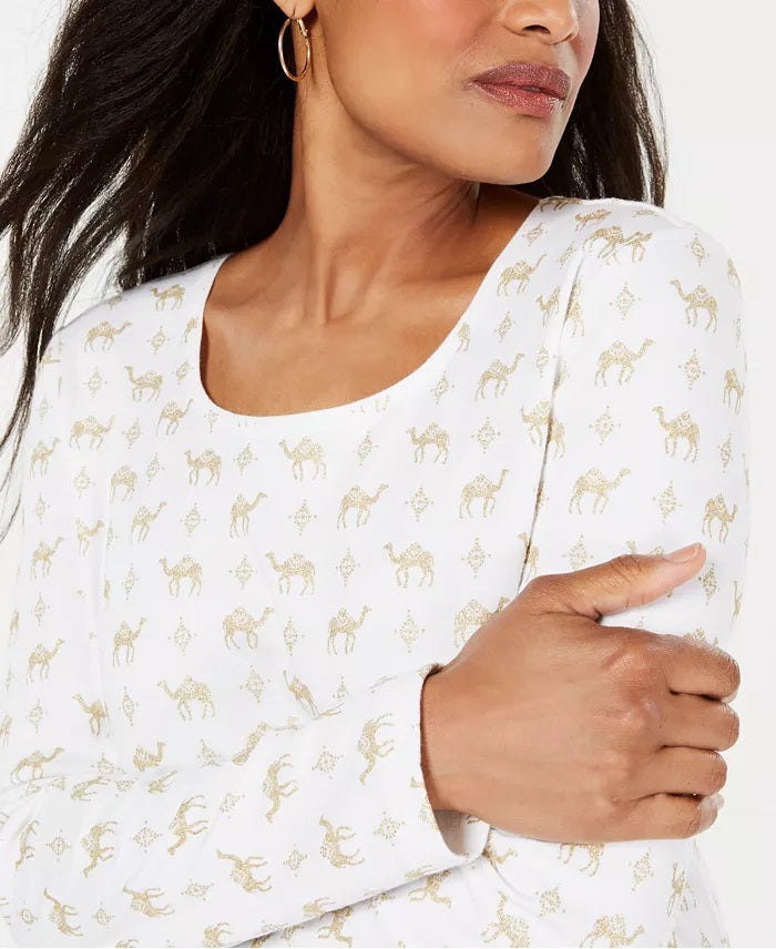 Blusa feminina Karen Scott com estampa de camelo, branca, tamanho pequeno, extra grande