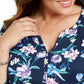 Karen Scott Blusa feminina plus size com decote dividido e estampa floral, azul, tamanho extragrande