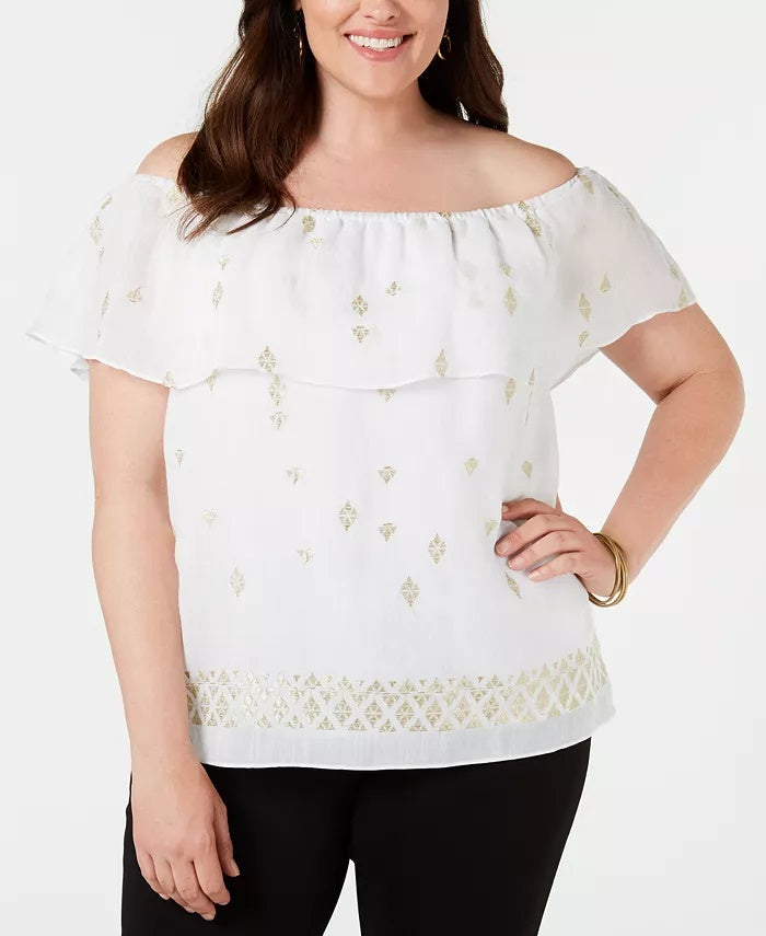 Top bordado ombro a ombro plus size da coleção feminina JM, branco, tamanho 3X