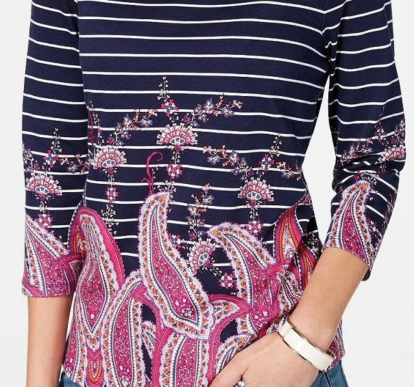 Blusa listrada com estampa paisley feminina Charter Club, azul, tamanho médio