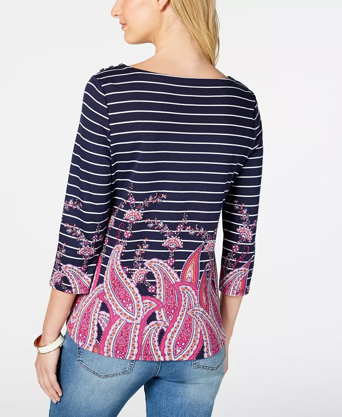 Blusa feminina listrada com estampa paisley Charter Club, azul, tamanho extra pequeno