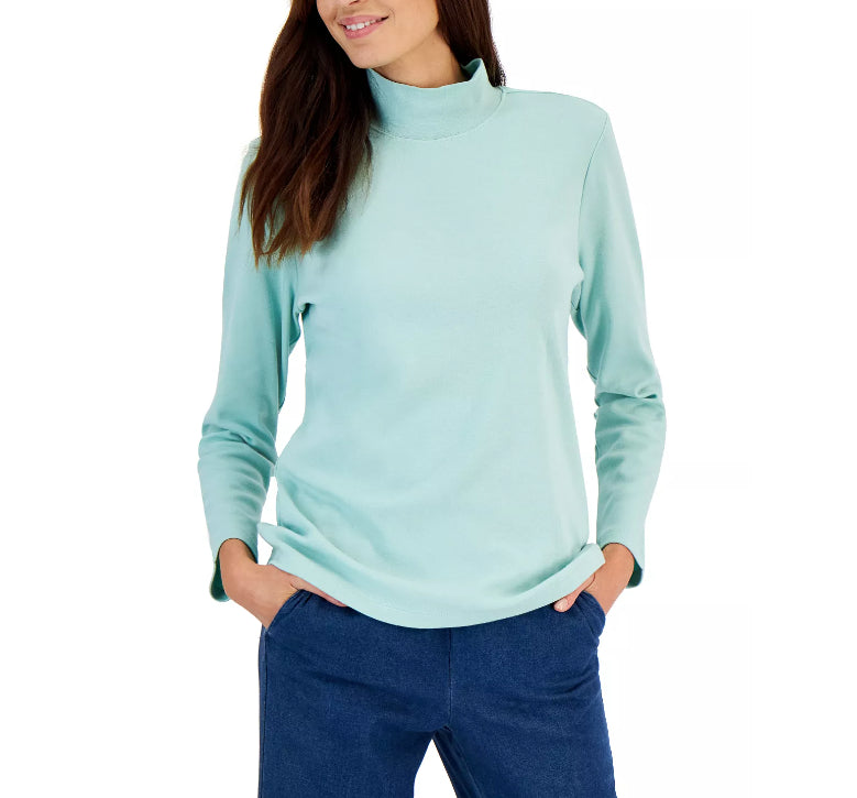 Karen Scott Blusa de algodão com gola alta e manga comprida feminina, azul, tamanho pequeno médio