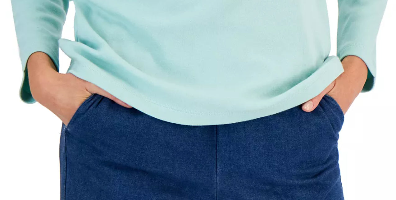 Karen Scott Blusa de algodão com gola alta e manga comprida feminina, azul, tamanho pequeno médio