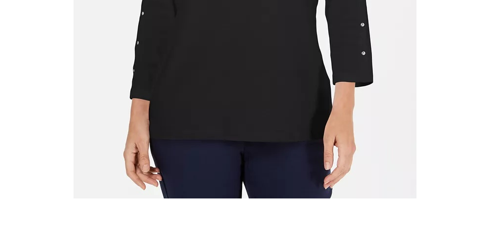 Karen Scott Blusa de algodão com decote canoa e tachas feminina, preta, tamanho pequeno e pequeno