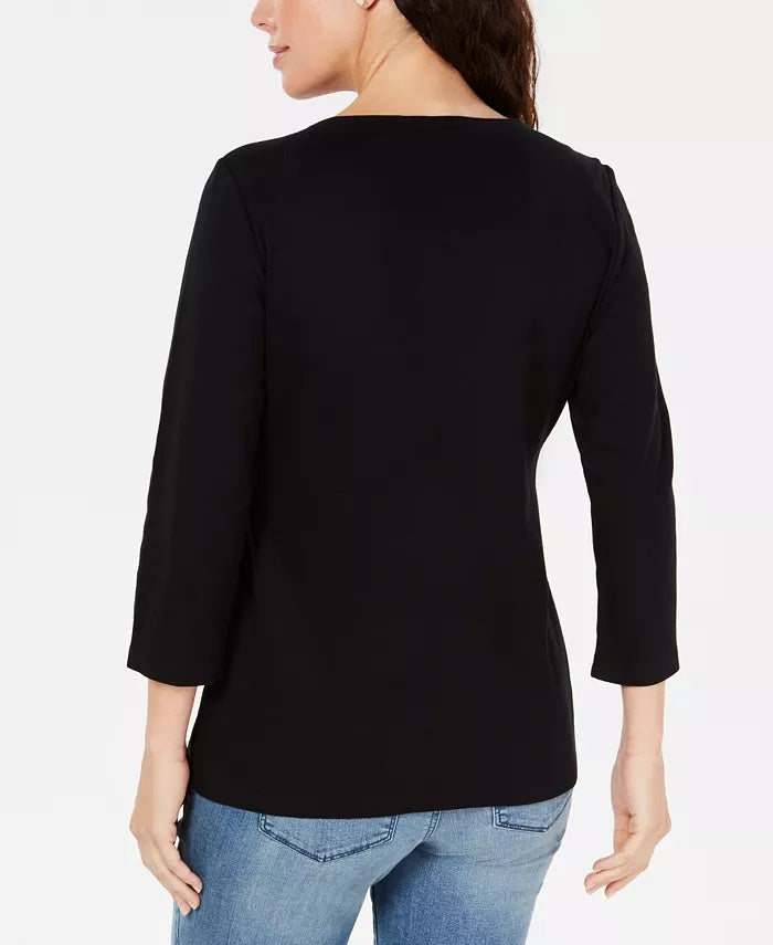 Karen Scott Blusa de Bicicleta Bordada Feminina Preta Tamanho Extra Pequeno