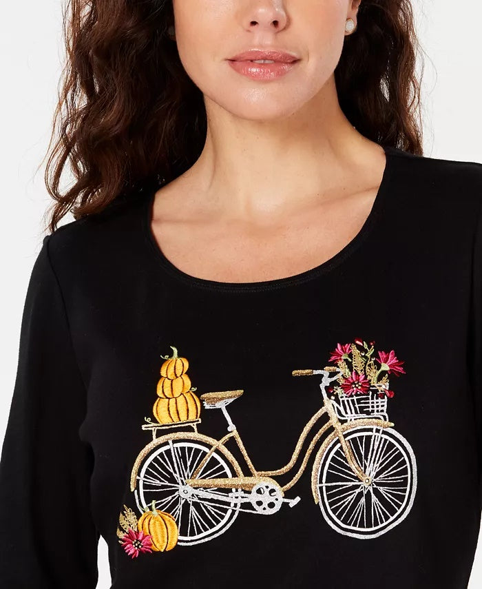 Karen Scott Blusa de Bicicleta Bordada Feminina Preta Tamanho Médio