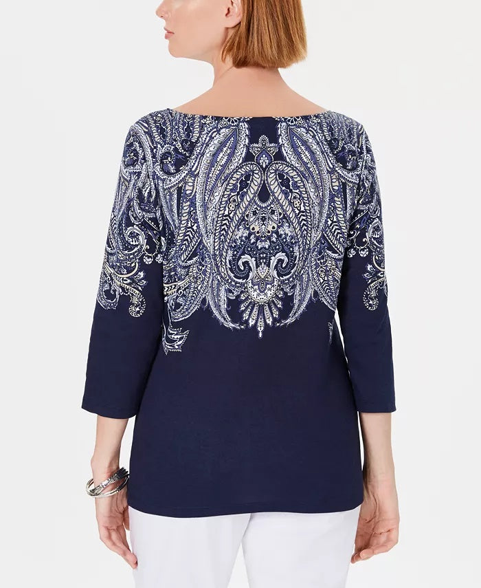 Karen Scott Blusa feminina Lile Paisley com decote canoa, azul marinho, tamanho pequeno