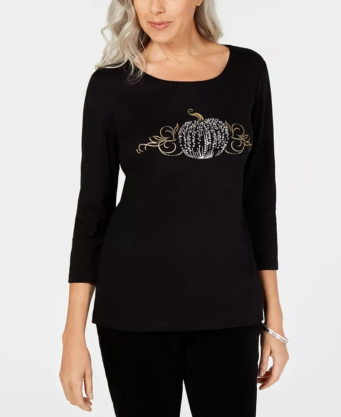 Karen Scott Blusa de algodão com manga 3/4 feminina, preta, tamanho extra pequeno