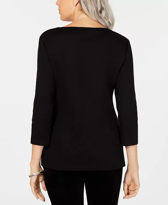 Karen Scott Blusa de algodão com manga 3/4 feminina, preta, tamanho extra pequeno