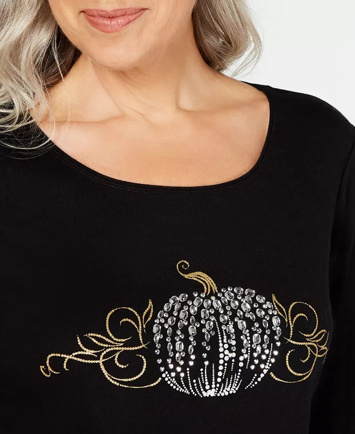 Karen Scott Blusa de algodão com manga 3/4 feminina, preta, tamanho extra pequeno