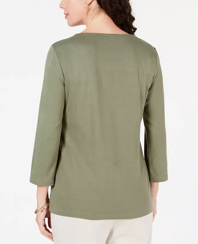 Blusa feminina Karen Scott de algodão com glitter e estampa floral, verde, tamanho pequeno