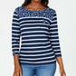 Karen Scott Sport Floral-Yoke Listrado Top Feminino Azul Marinho Tamanho Médio