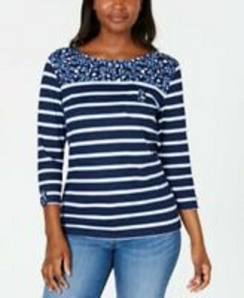 Karen Scott Sport Floral-Yoke Listrado Top Feminino Azul Marinho Tamanho Médio
