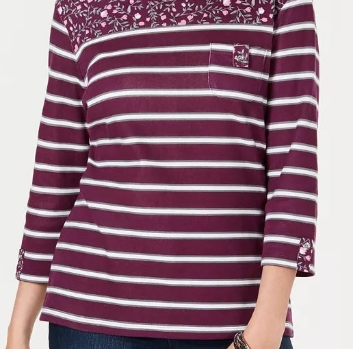 Karen Scott Blusa feminina Ditsy com bolso floral e listrado, vermelha, tamanho pequeno