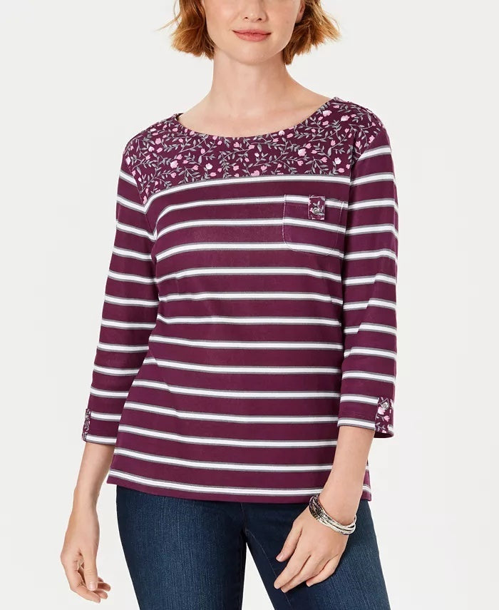 Karen Scott Blusa feminina Ditsy com bolso floral e listrado, vermelha, tamanho pequeno
