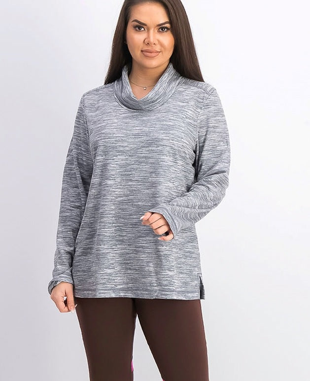 Karen Scott Sport Feminino Space-Dyed Cowlneck Top Cinza Tamanho Grande