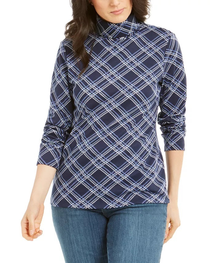 Karen Scott Blusa feminina xadrez gola alta azul-marinho tamanho extragrande