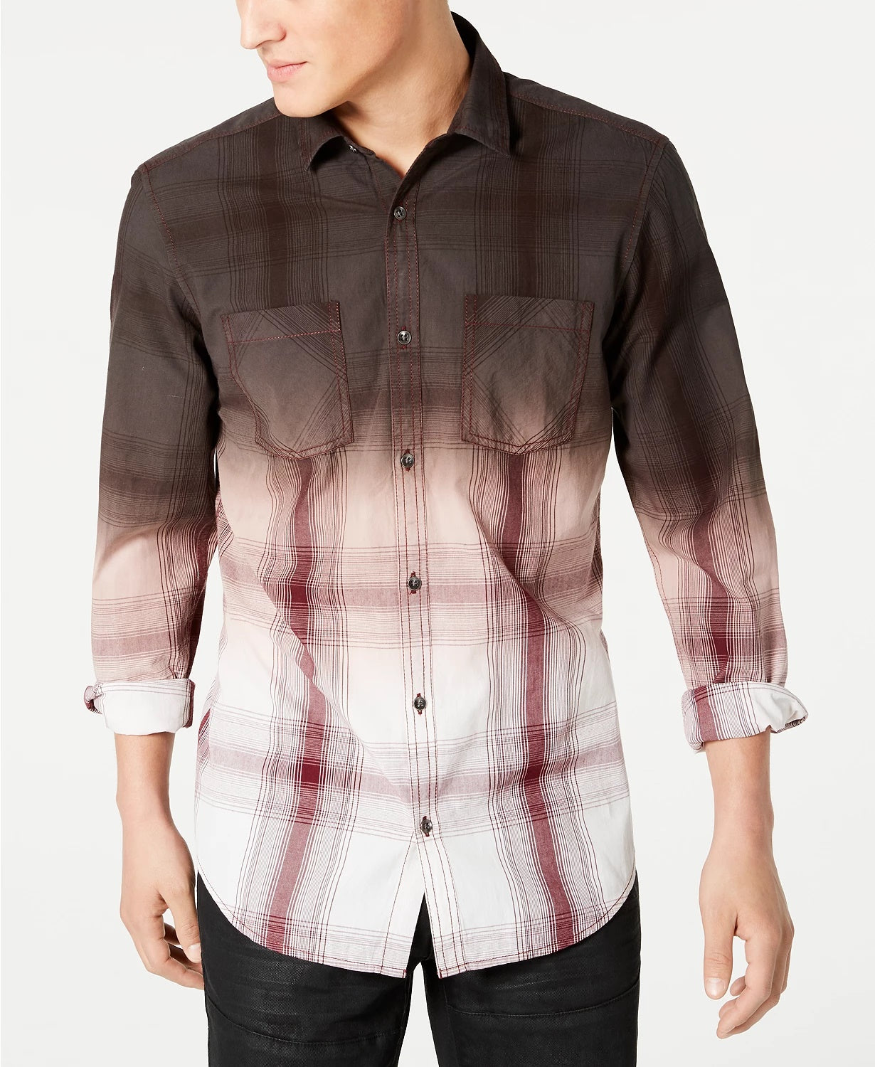 Camisa xadrez masculina tingida por imersão, tamanho grande, tamanho regular, marrom escuro, da INC International Concepts