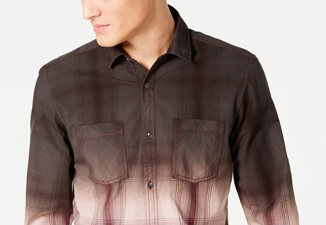 Camisa xadrez masculina tingida por imersão, tamanho grande, tamanho regular, marrom escuro, da INC International Concepts