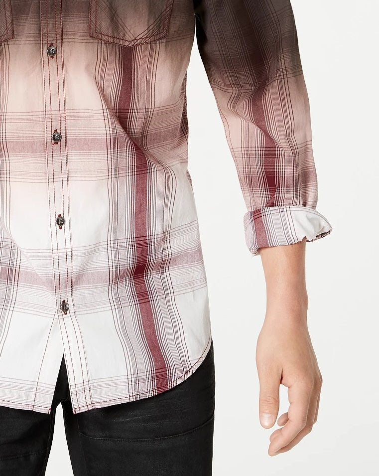 Camisa xadrez masculina tingida por imersão, tamanho grande, tamanho regular, marrom escuro, da INC International Concepts