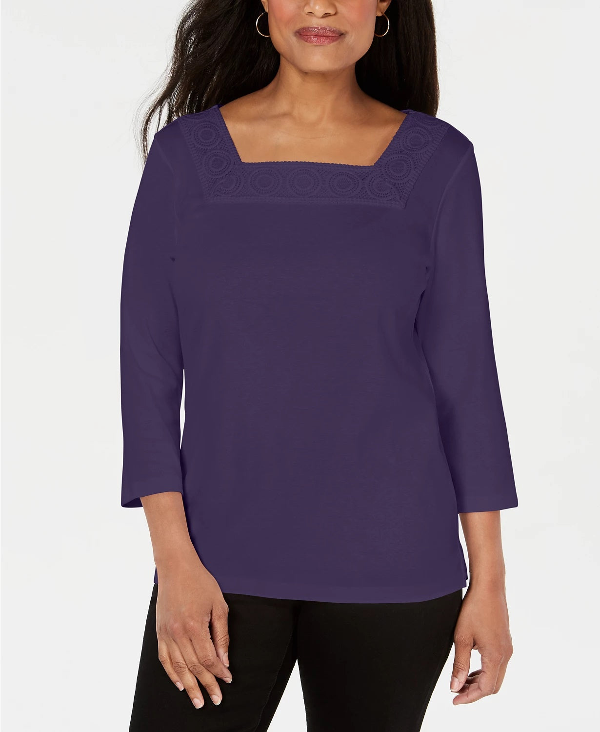 Blusa feminina Karen Scott de crochê com decote quadrado, azul marinho, tamanho pequeno