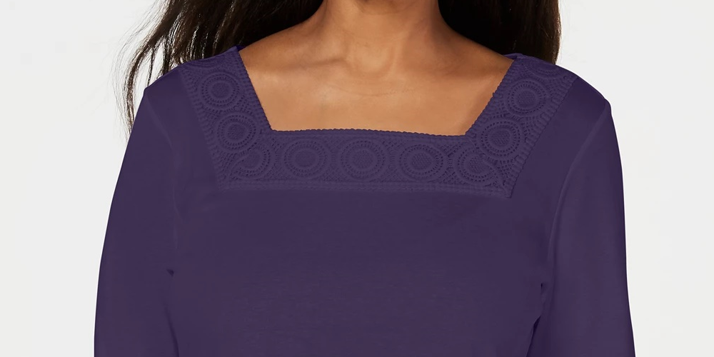 Blusa feminina Karen Scott de crochê com gola quadrada, azul escuro, tamanho pequeno