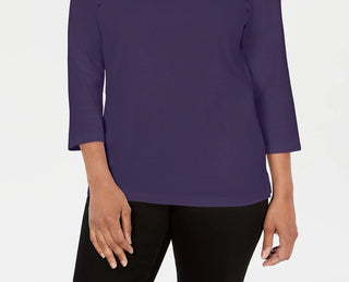 Blusa feminina Karen Scott de crochê com gola quadrada, azul escuro, tamanho pequeno