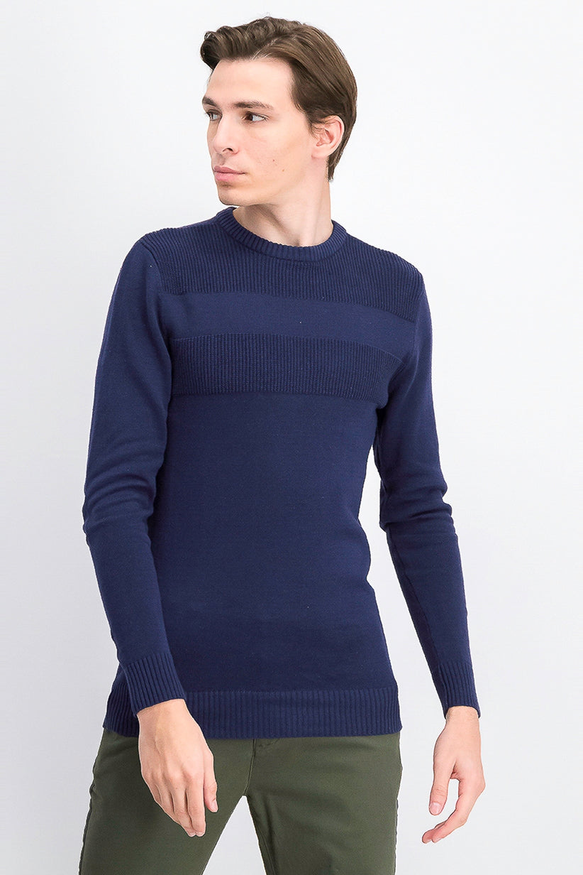 Suéter masculino de algodão liso com gola redonda e textura Club Room, azul escuro, tamanho grande