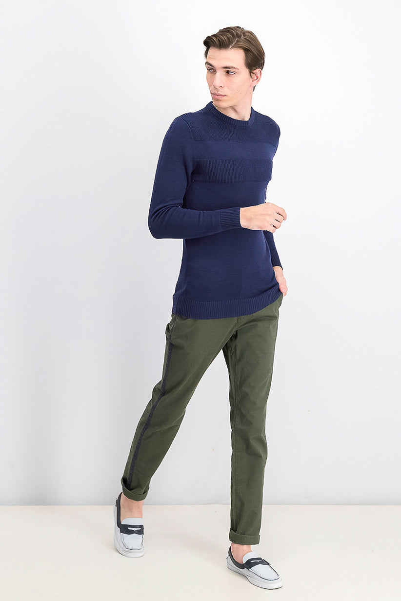 Suéter masculino de algodão liso com gola redonda e textura Club Room, azul escuro, tamanho grande