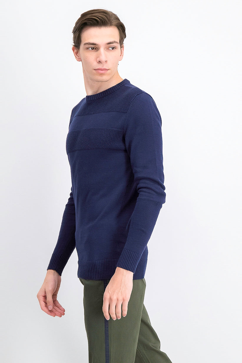 Suéter masculino de algodão liso com gola redonda e textura Club Room, azul escuro, tamanho grande