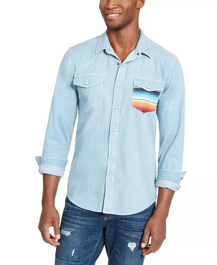 Camisa masculina American Rag Antonio Western azul tamanho pequeno