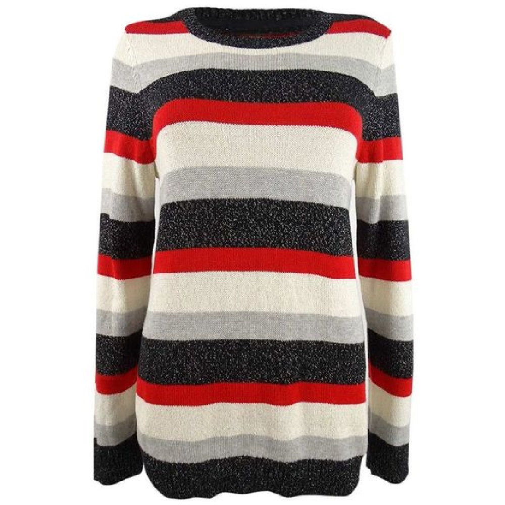 Suéter feminino listrado com gola redonda Charter Club, preto, tamanho combinado, extra grande