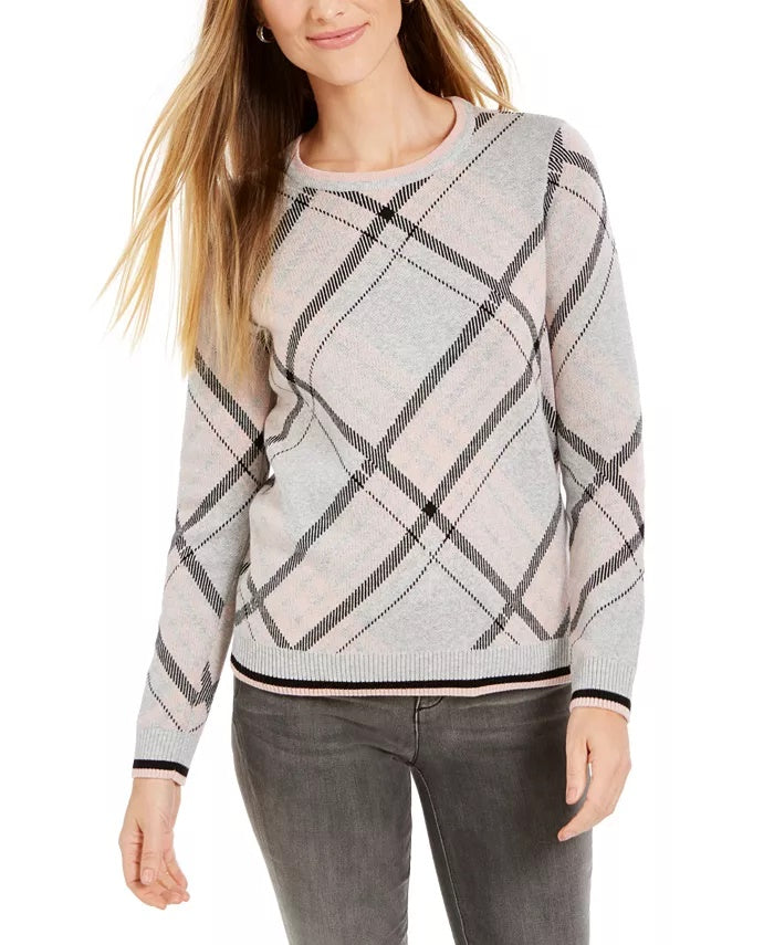 Suéter feminino xadrez com gola redonda Charter Club, tamanho médio, cinza, tamanho extragrande