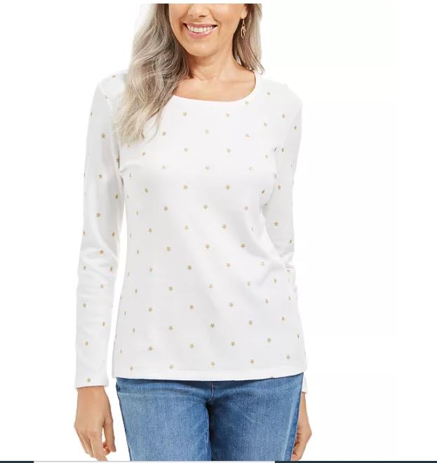 Karen Scott Blusa Feminina Glitter Starburst Gola Redonda Branca Tamanho Grande