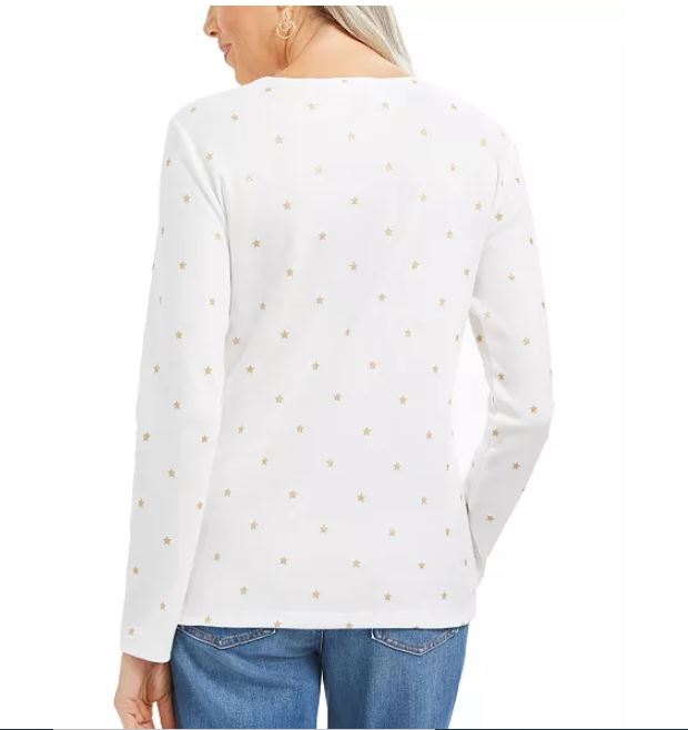 Karen Scott Blusa Feminina Glitter Starburst Gola Redonda Branca Tamanho Grande