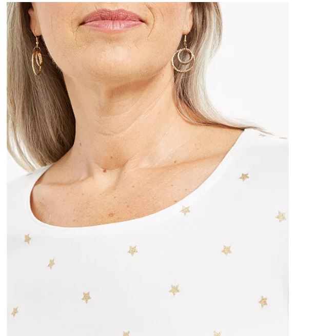 Karen Scott Blusa Feminina Glitter Starburst Gola Redonda Branca Tamanho Grande