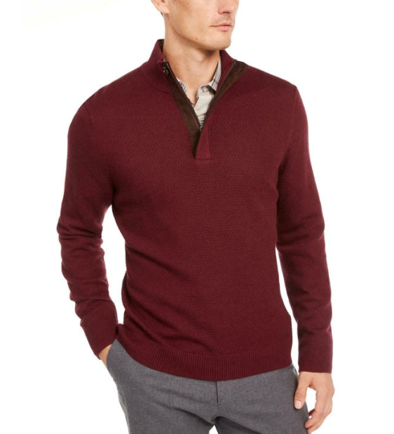 Suéter texturizado de algodão Supima com zíper 1/4 masculino Tasso Elba, tamanho grande, vermelho