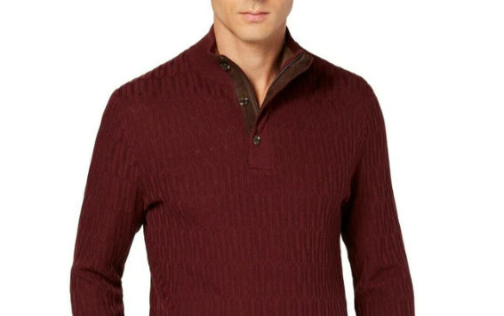 Suéter texturizado de algodão Supima com zíper 1/4 masculino Tasso Elba, tamanho grande, vermelho