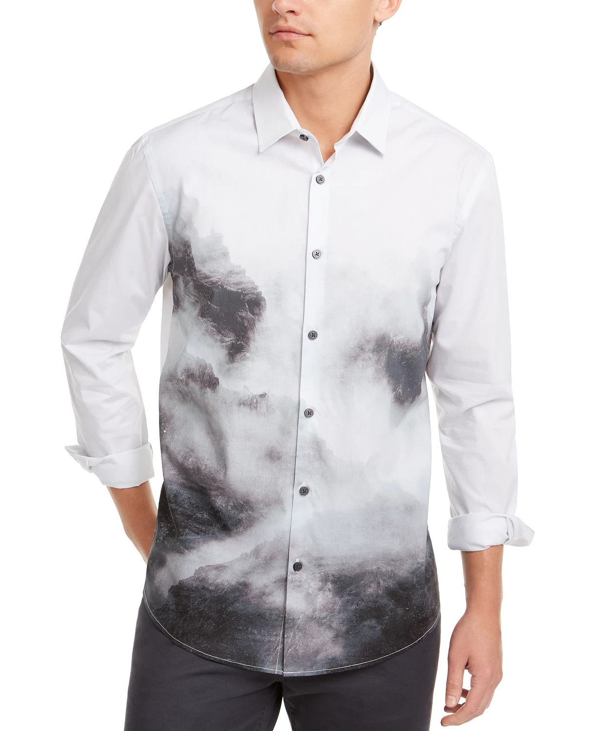 Camisa Alfani Masculina Estampada Foggy Mountain Cinza Tamanho Médio