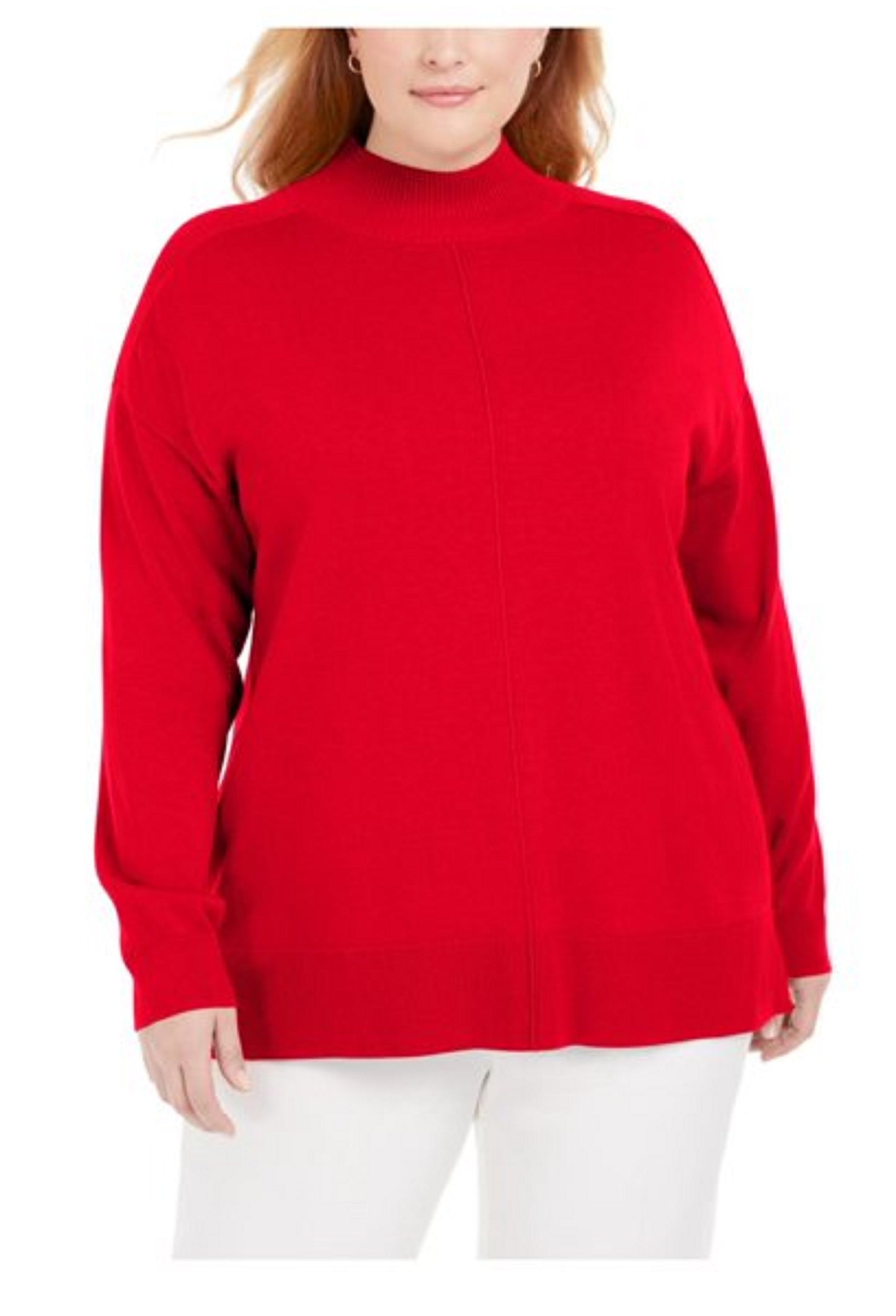 Karen Scott Suéter Feminino de Algodão com Gola Mock Vermelho Brilhante Tamanho XXG