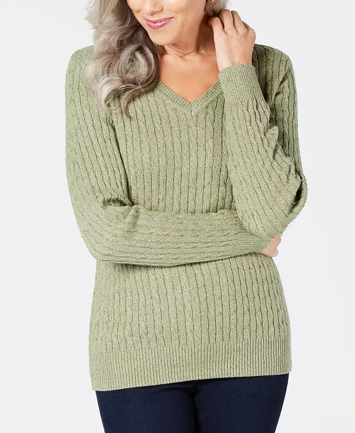 Karen Scott Suéter Feminino de Algodão com Gola V Verde Tamanho Extra Grande