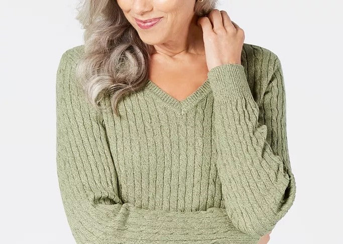 Karen Scott Suéter Feminino de Algodão com Gola V Verde Tamanho Extra Grande