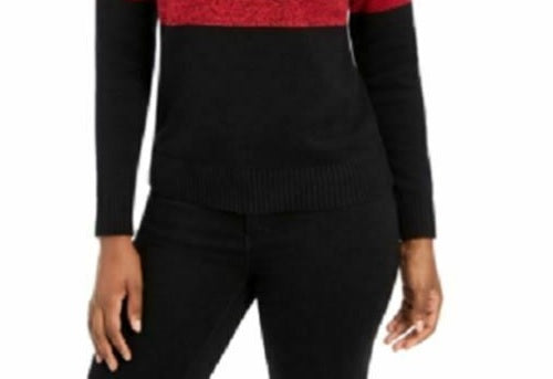 Karen Scott Suéter Feminino de Algodão com Gola Alta Colorblock, Vermelho, Tamanho Pequeno