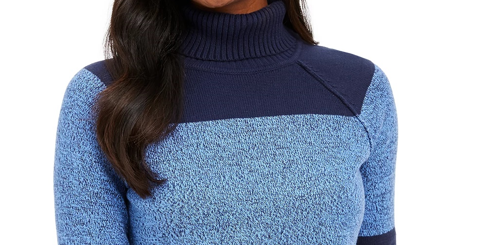 Karen Scott Suéter Feminino de Algodão com Gola Alta Colorblock Azul Marinho Tamanho Grande