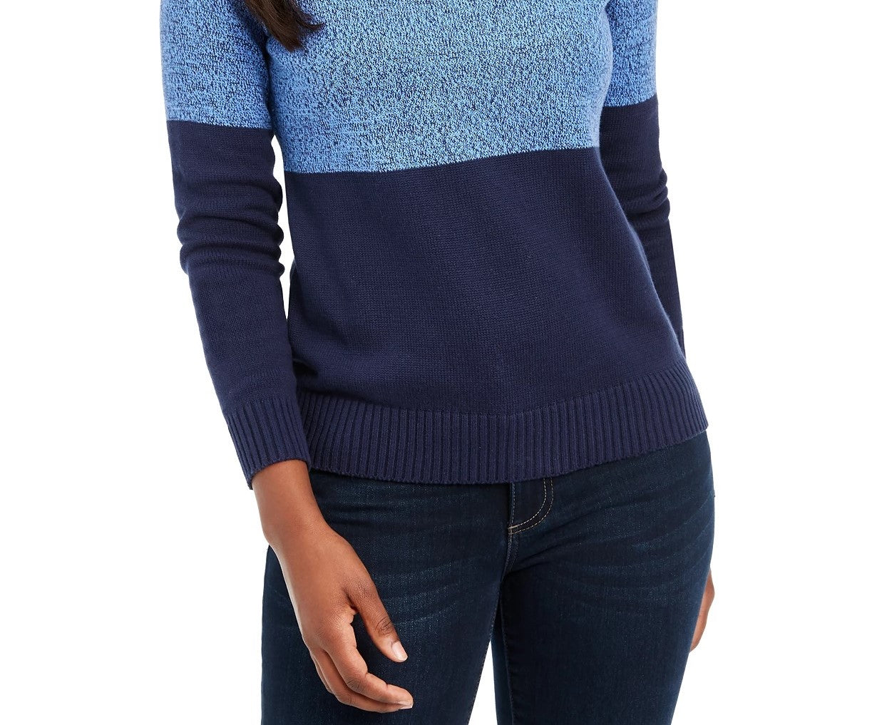 Karen Scott Suéter Feminino de Algodão com Gola Alta Colorblock Azul Marinho Tamanho Grande